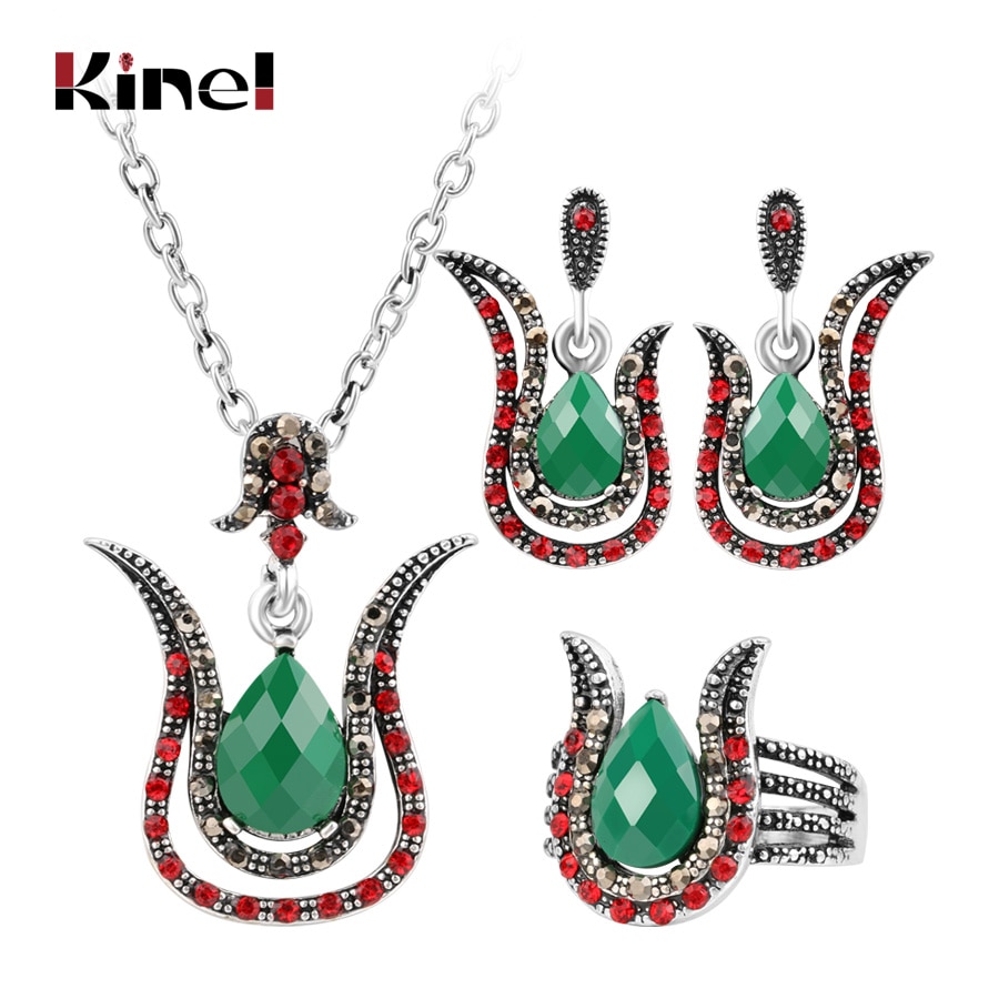 Kinel turquia conjuntos de jóias moda cor prata feminino retro verde pingente colar brinco anel de cristal rosa conjunto de jóias