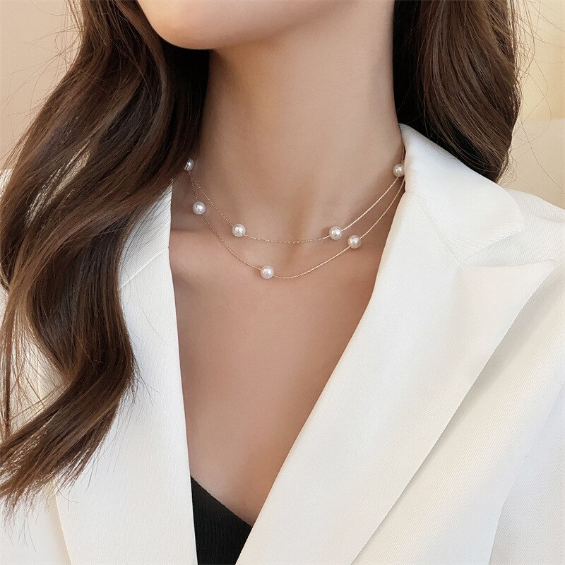 Korea Parel Choker Ketting Elegante Double Layer Ketting Hanger Voor Vrouwen Sieraden Bruiloft Verjaardag: xz164-sc