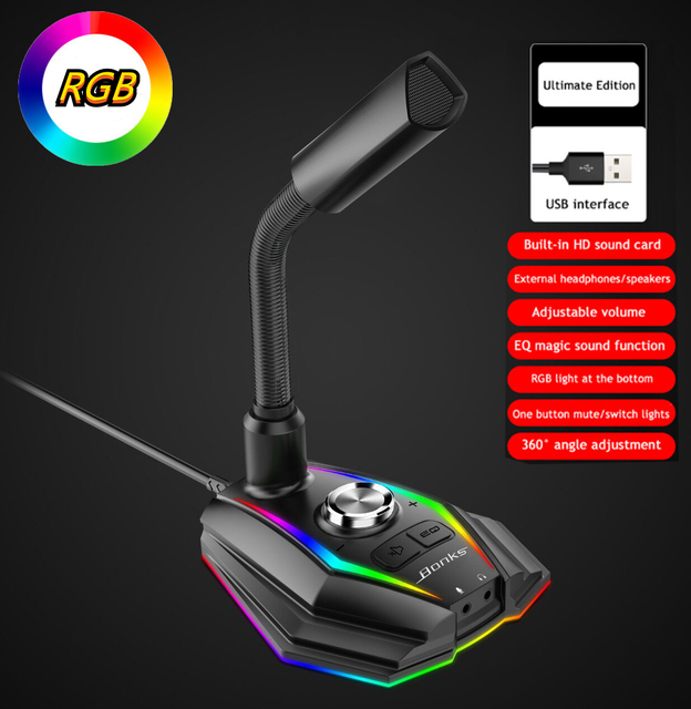 USB Sound Card RGB Microphone Computer Gaming Mic With Speaker Headset Jack Free Drive Noise Reduction 360° Rotate HD Receiver: USB with RGB EQ