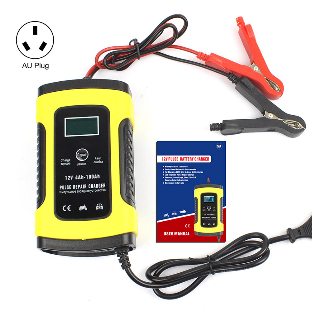 Universal 12V 5A Smart Battery Charger Portable Battery Repair Tool Maintainer With LCD Display for Car Motorcycle: Yellow EU-plug