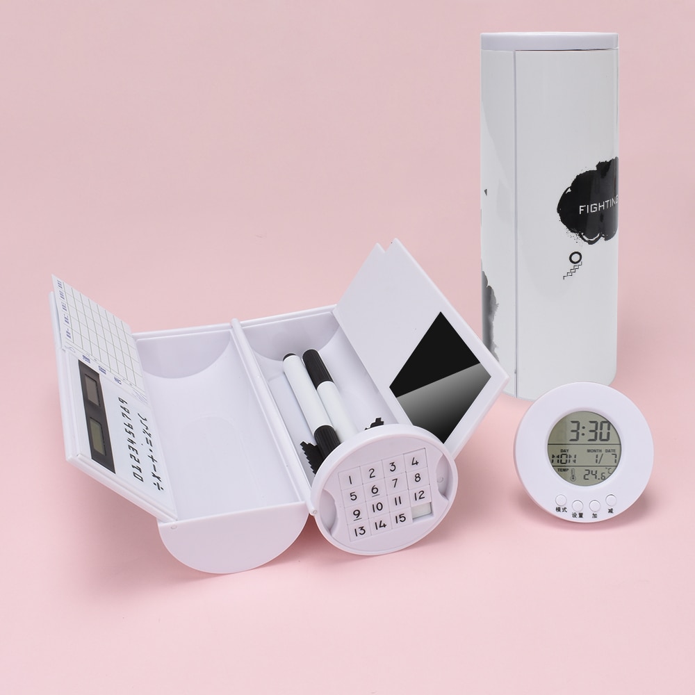 Multifunctional Pencil Case Large Capacity Pen Box with Mirror Sliding Block Digital Clock Solar Caculator School Stationery