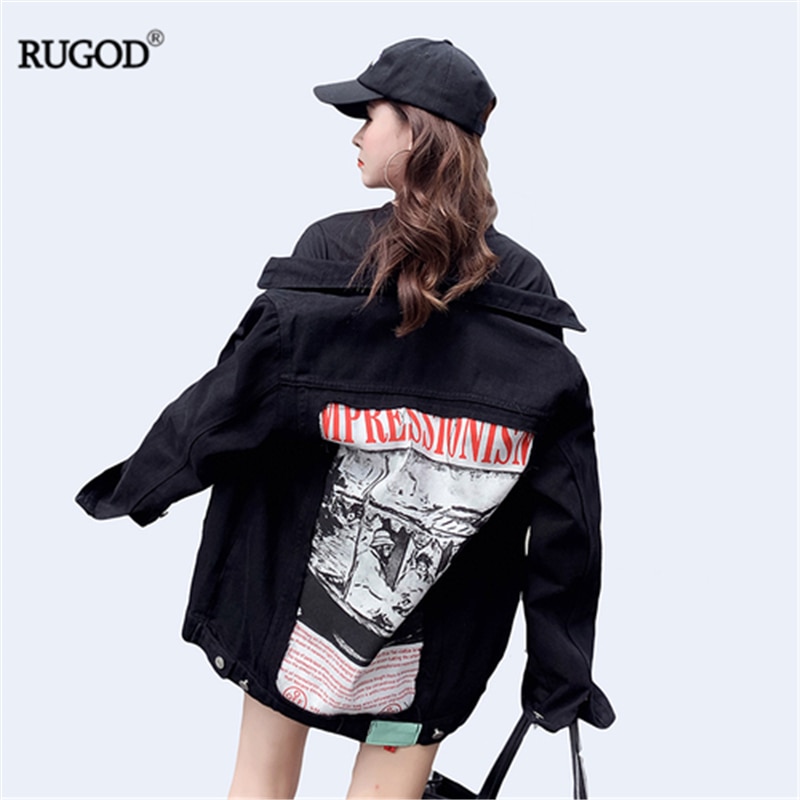 RUGOD Autumn Women Black Denim Jacket Back Abstract Pattern And Letter Print Loose Slim Coat High Street Casual
