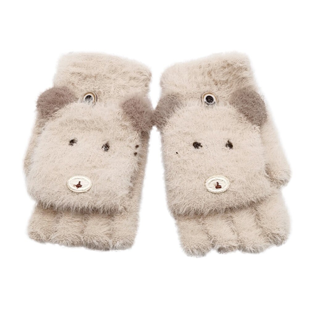 Women Winter Student Adult Christmas Deer Convertible Flip Top Fingerless Gloves Five-pointed Warm Mittens Gloves Fingerless: Beige