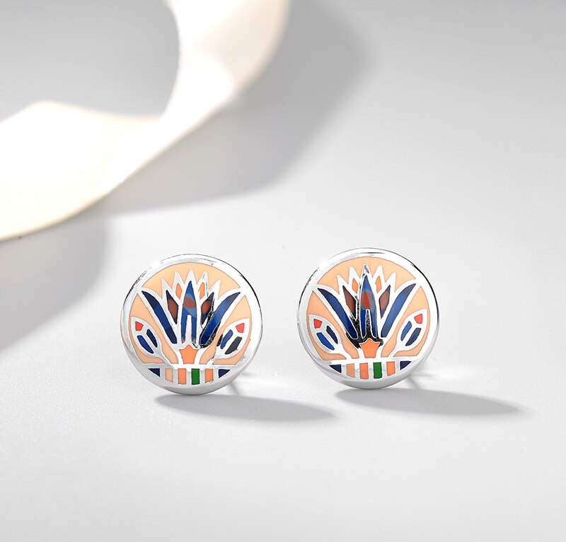 Round Colorful Glass Jewelry set for women Authentic 925 Sterling Silver charms pendant Earrings Party Enamel