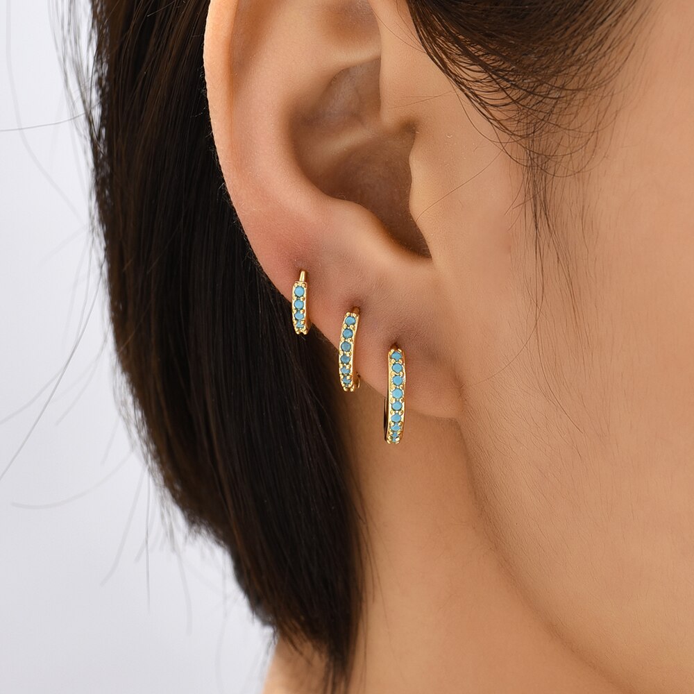 Conjunto de pendientes de aro pequeños de color turquesa para mujer, aretes redondos geométricos de circonia cúbica, cuentas verdes, joyería Huggie Brincos 2022, 3 pares