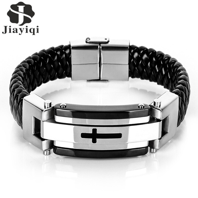 Jiayiqi Cruz Punk Acero inoxidable trenzado brazalete de cuero pulseras hombres brazalete tejido para hombres joyería de Navidad