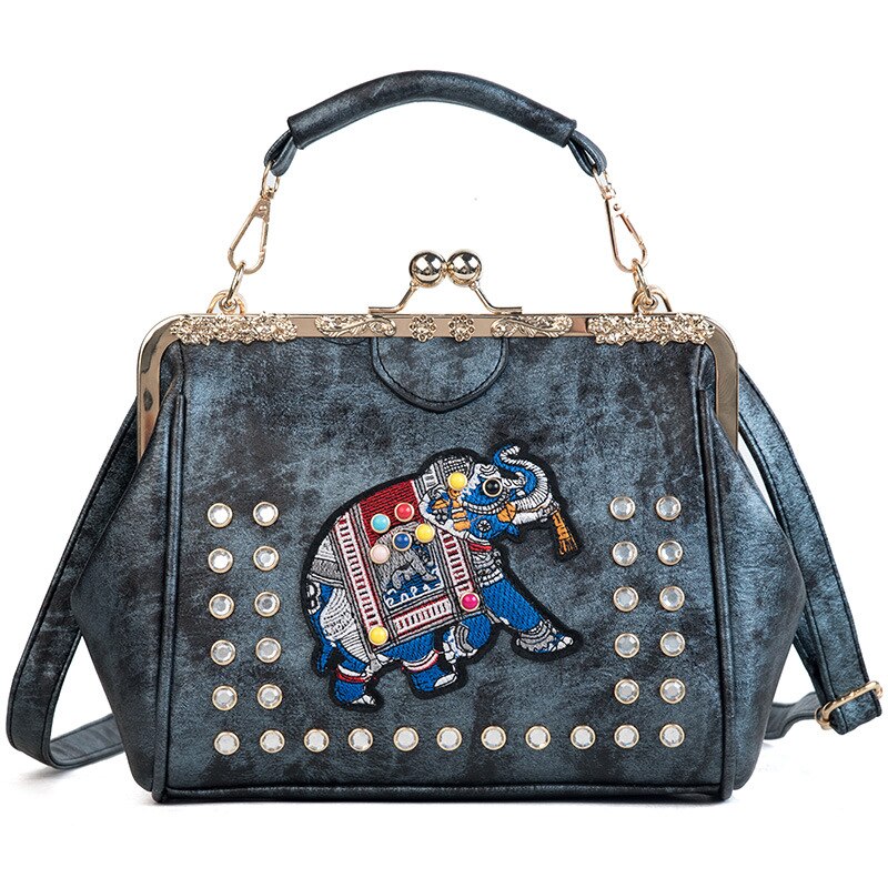 Diamanten Borduurwerk Olifant Kus Lock Shell Vrouwen Schoudertas Crossbody Tassen Vintage Pu Leather Tote Vrouwen Handtassen Portemonnees: bag Light Black