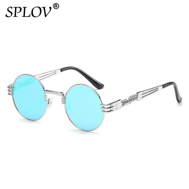 SPLOV Retro Steampunk Round Metal Sunglasses for Men and Women Double Spring Leg Colorful Eyewear UV400: N5 Silver IceBlue