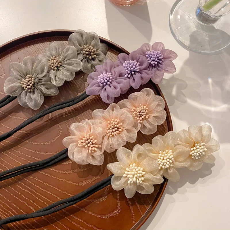 Diadema de gasa con flores para mujer, herramienta para hacer peinados, cuerda para el pelo dulce, accesorios Coreanos