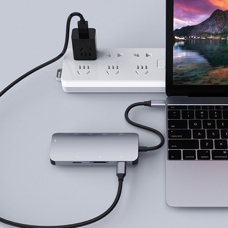 Type-C8 em 1 docking station, TYPE-C para pd + nic + tf/sd + 3 x usb3.0 + conversor de interface hdmi
