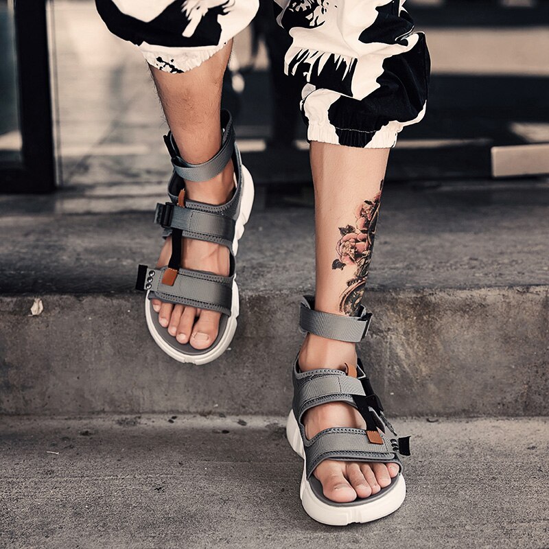Sommer mænd sko gladiator sandaler åben tå platform strand sandaler støvler rom stil sort grå canvas sandaler