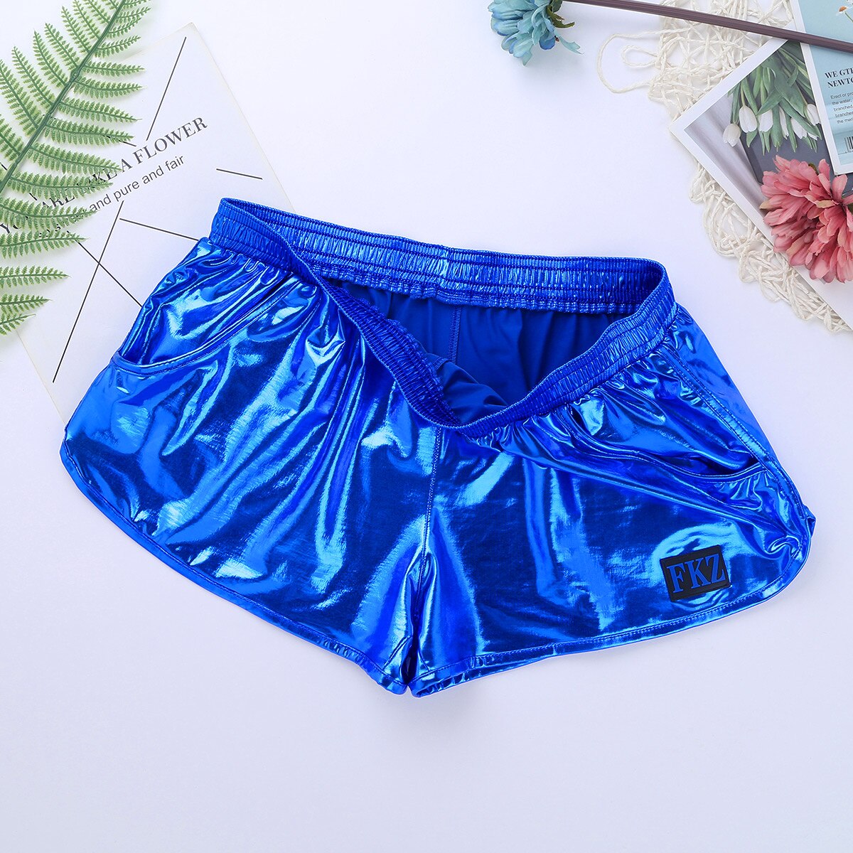 TiaoBug Shiny Metallic Solid Color Low Rise Elastic Waistband Men Swim Boxer Shorts Club Rave Dance Costume Bathing Suit Trunks