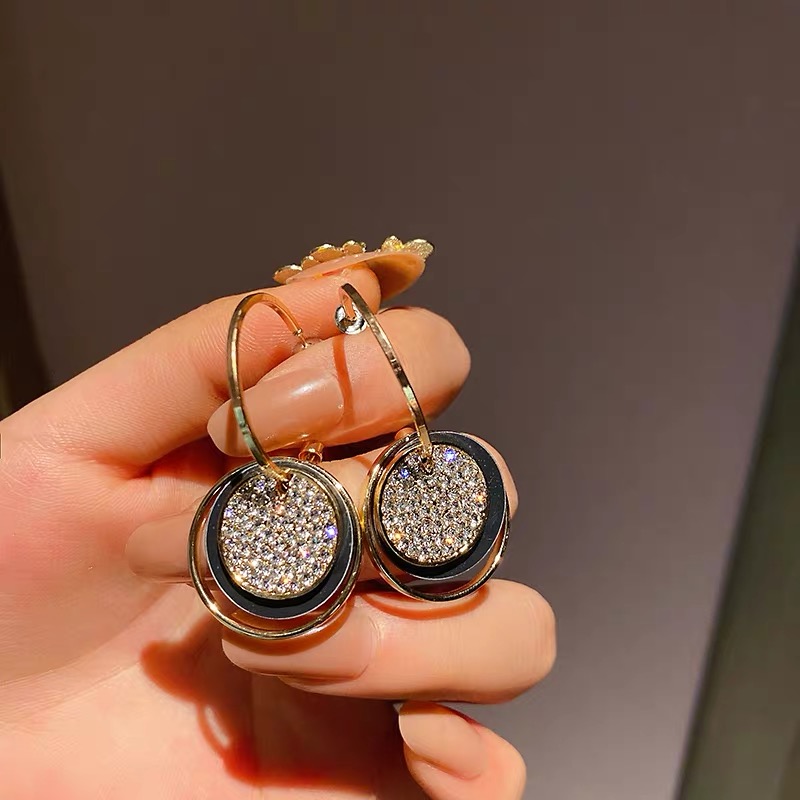 France Style Women's Luxury Zircon Square Pendant Earrings Gold Color Round Shiny Earrings For Women Trendy Jewelry: dark green