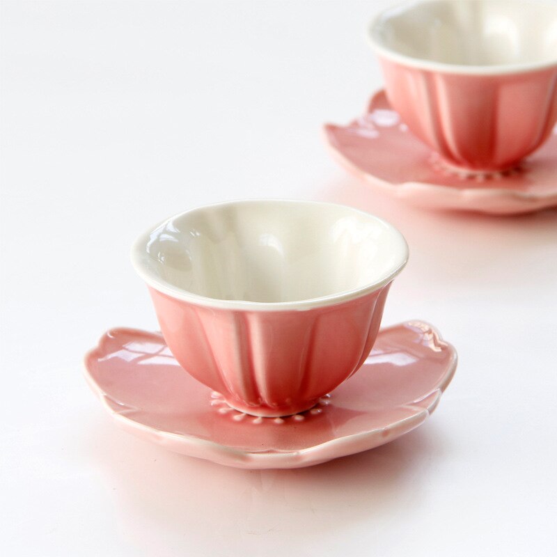 pink special-shaped ceramic flower tea cup and dish set for women's ceramic afternoon tea cup with dish