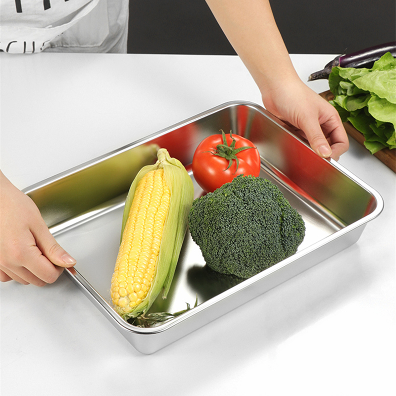 Bandeja de almacenamiento rectangular de acero inoxidable, plato de cena, horno, pastel, bandeja para hornear, pan, recipiente de comida, accesorios de cocina