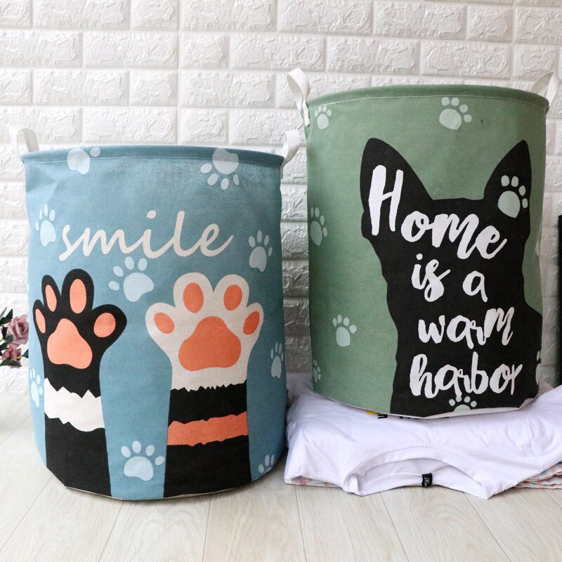 Cute Cat Dog Paw Large Folding Laundry Basket Cartoon Cat Storage Barrel Cotton Linen Dirty Clothes Hamper Toys Storage Basket
