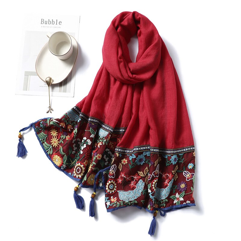 Blondebroderi bomuldstørklæde kvinder vintage blomsterprint sjaler og omslag solide kvaster pashmina dame foulard hijab femme: Wj87- røde