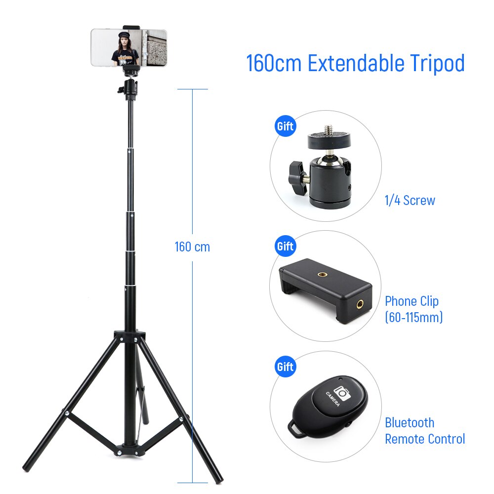 0.5m~2m Foldable Photography Tripod Light Stand Mount Camera Photo Digital 360 Degree Fluid Head with Phone Holder: 1.6m extendable
