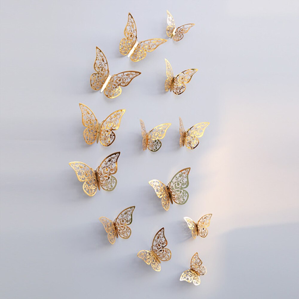 12pcs/set Hollow 3D Butterfly Wall Sticker for Wedding Decoration living room window Home Decor Gold silver Butterflies stickers: Glod C