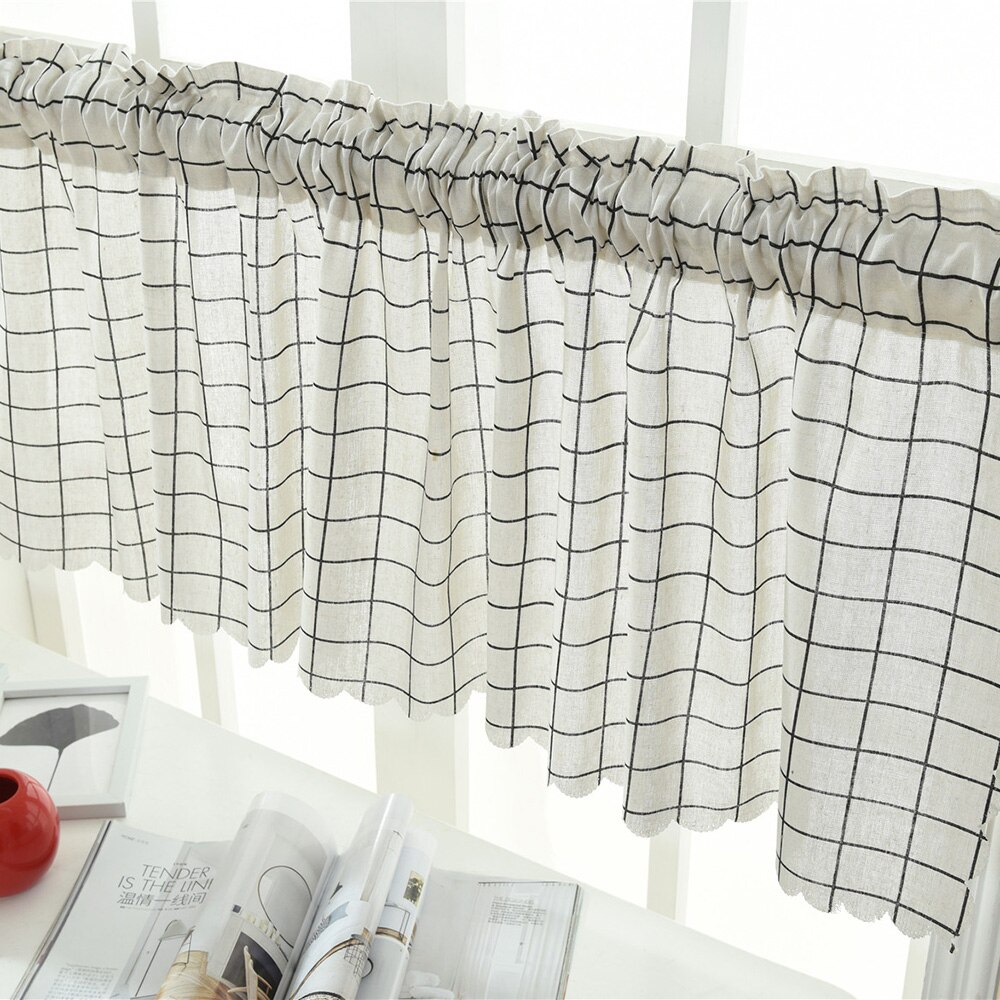 Cenefa de rejilla a rayas para ventana, faldones de cortinas opacas, cortas, semitransparentes, de bolsillo, para Cocina