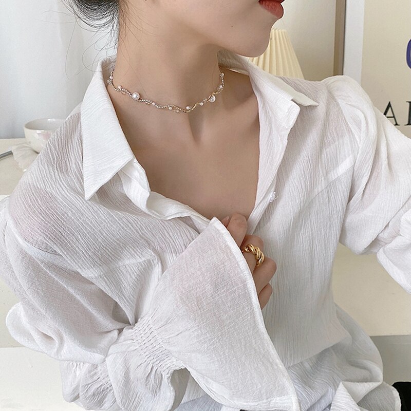 Mengjiqiao 2022 Koreaanse Elegante Parel Kralen Choker Voor Vrouwen Mode Vis Lijn Strass Hanger Ketting Bruiloft Sieraden