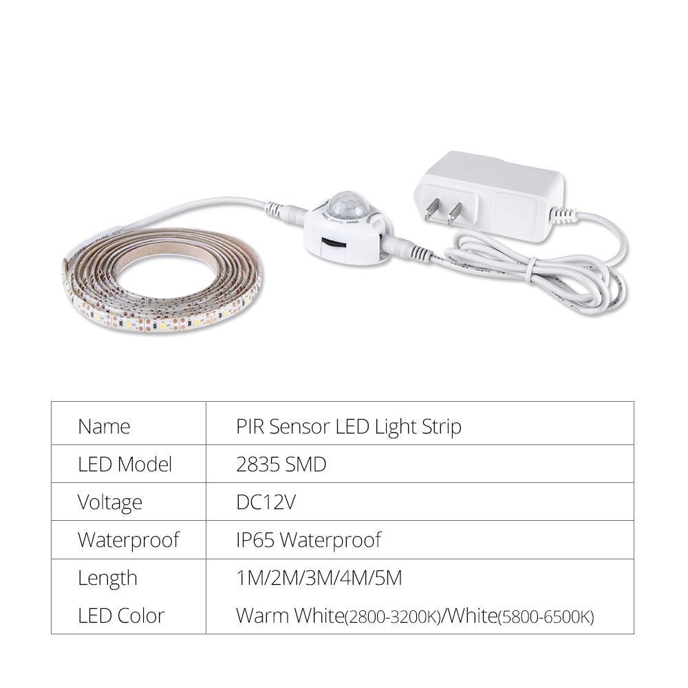 5m LED Strip med PIR Bevægelsessensor - 12V DC - IP65 Vandtæt - Inkl. Strømadapter