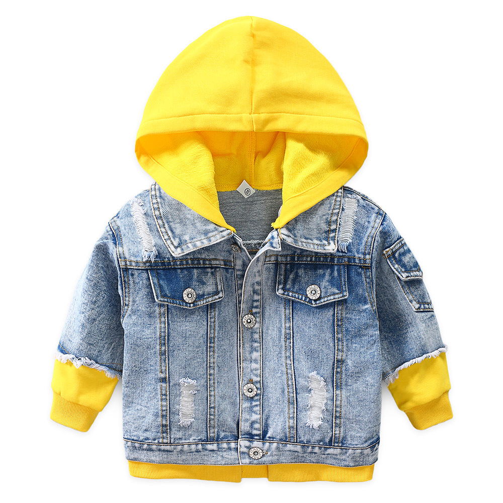 Spring kids cowboy coat boys girls Splicing Loose hoodies baby clothes Wear out Wash white Jacket Children's wear clothes: Yellow / 2T
