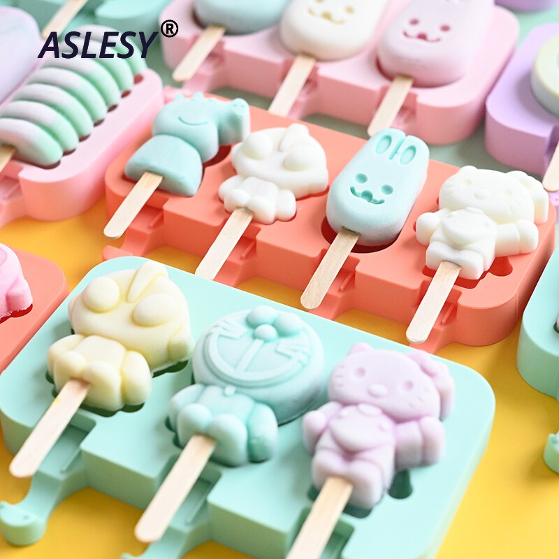 Cute DIY Ice Cream Mold Kit with 50 pcs Wood Sticks Food Grade Silicone Ice Tray Ice Cream Maker for Kitchen Supplies