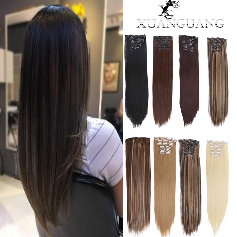Xuanguang Clip In Hair Extension Straight Synthetische Hittebestendige Haarstukje Kleur Voor Vrouwen 22 Inch 140G 6 Stks/set