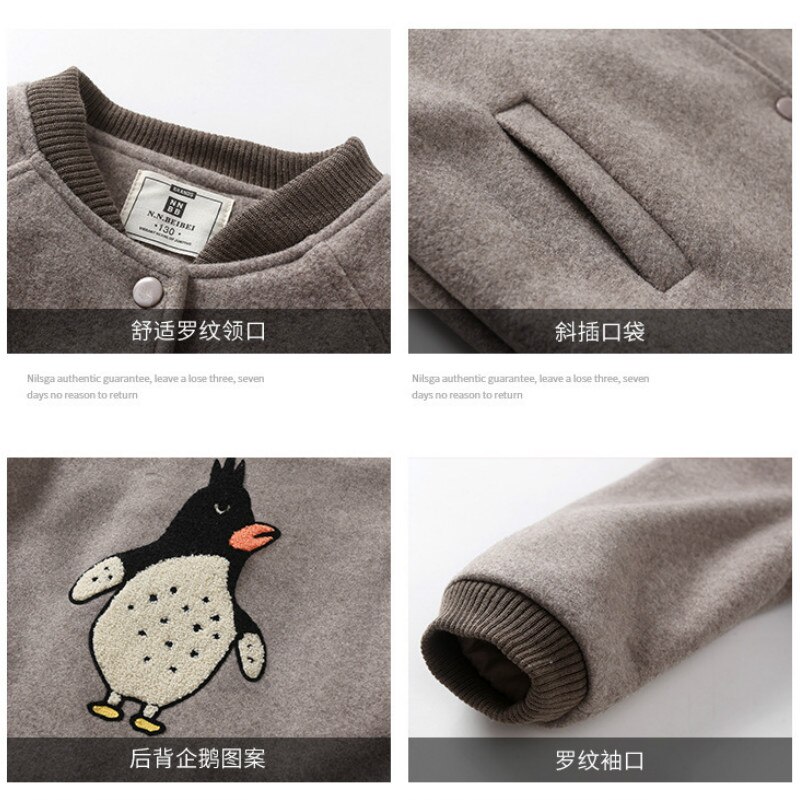 Kinderkleding meisjes dikke wollen jas herfst en winter pinguïn borduurwerk kinderkleding wollen meisjesjas