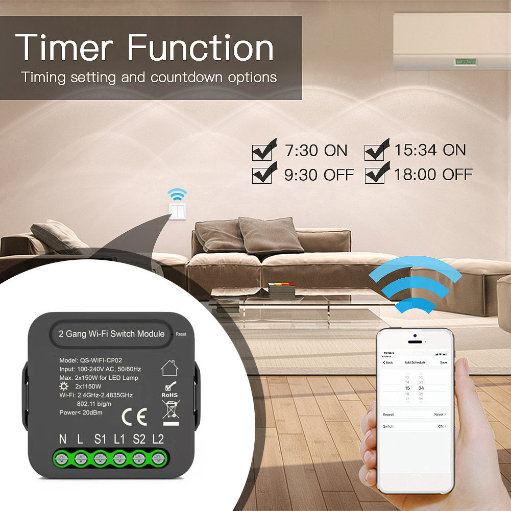 QS-WIFI-CP02 Tuya WiFi Intelligent Switch Module Intelligent Home Electrical Appliance Conversion Module 2 Gang Lighting Switch