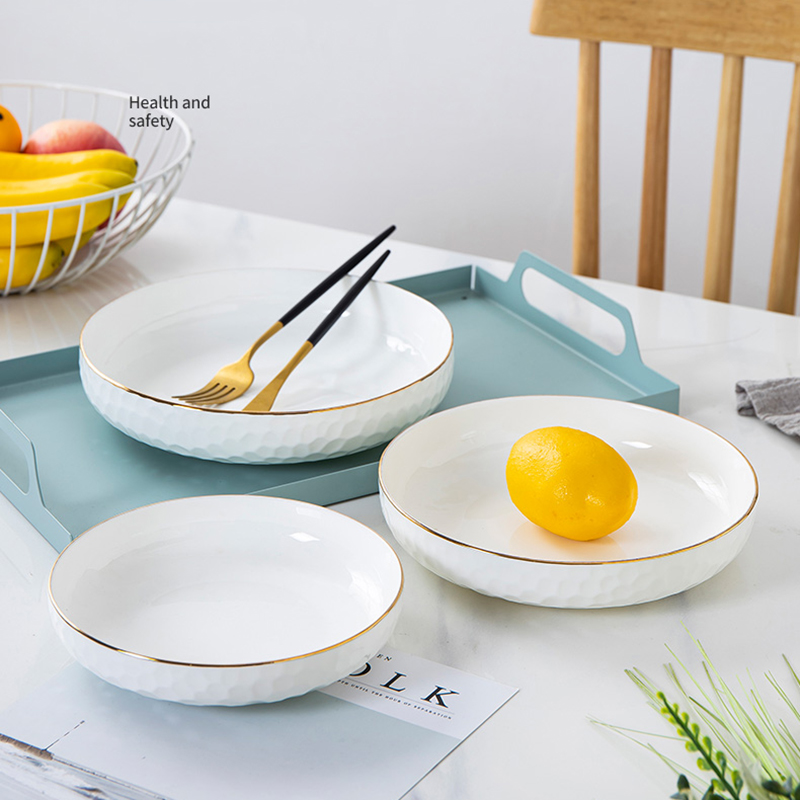Golden Rim Bone China Dinner Plate Household White Deep Plate Ceramic Dumpling Plate Hotel Tableware Kitchen Supplies