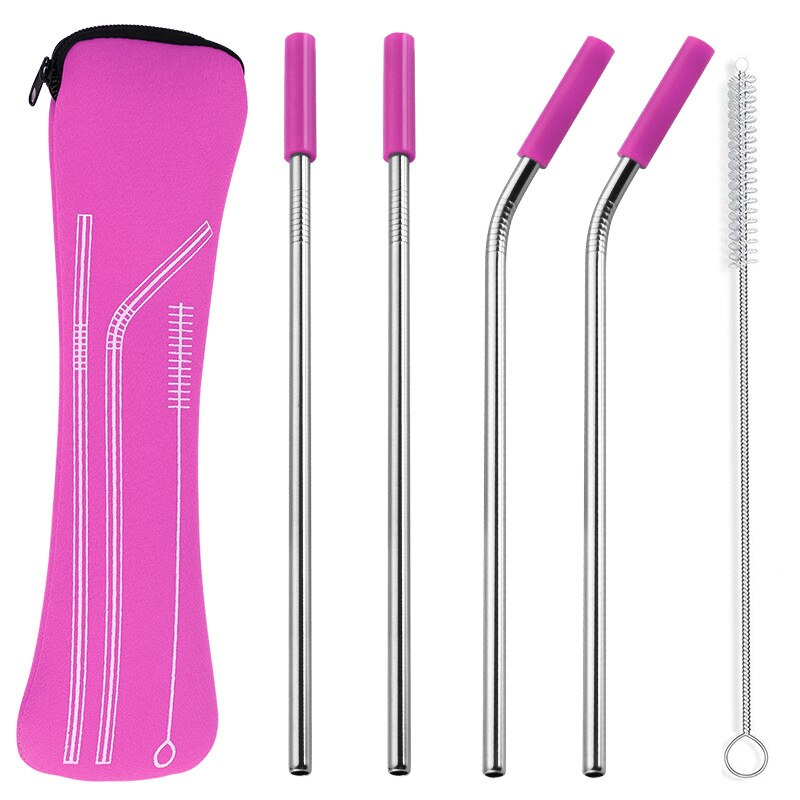 1 set Reusable Stainless Steel Straws Straight Bent Drinking Straws with Silicone Tips Cold Beverage Metal Drinking Straw: pink 4pcs