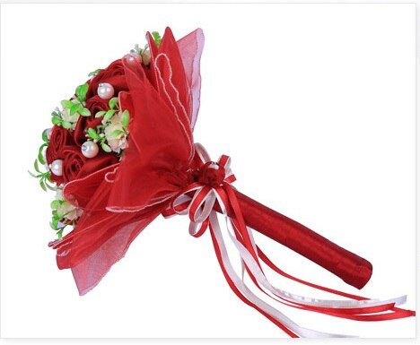 Romantische Bruiloft Boeket Met Lint en Kraal Kunstmatige Rose Bouquet Bridal Bloemen Bruiloft Decoratie boeket de mariage: Rood