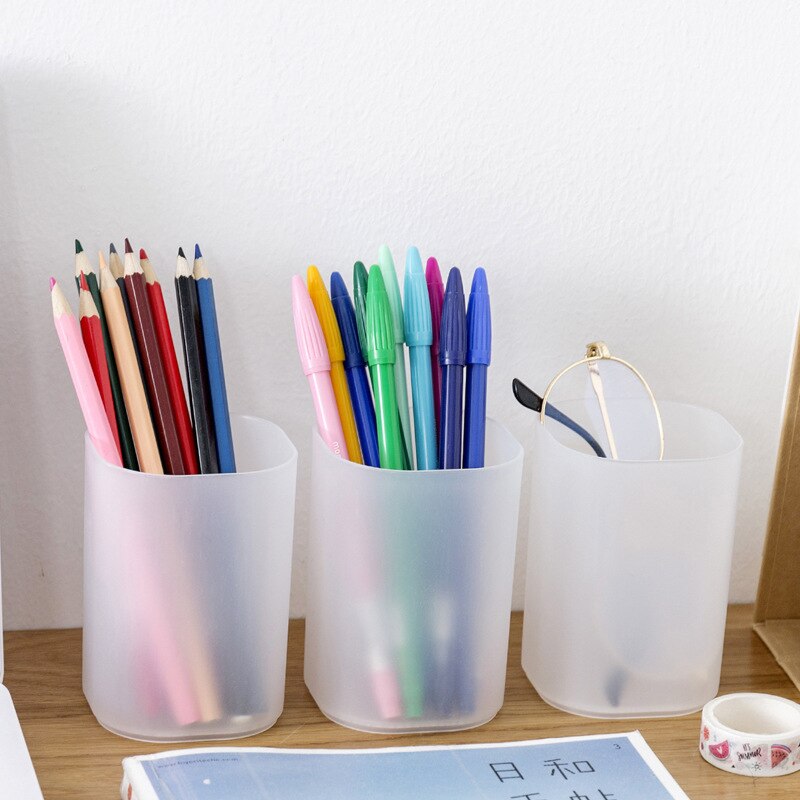 Concise Style Plastic Pen Container Simple Pure Color Desktop Pencil Case Office School Stationery