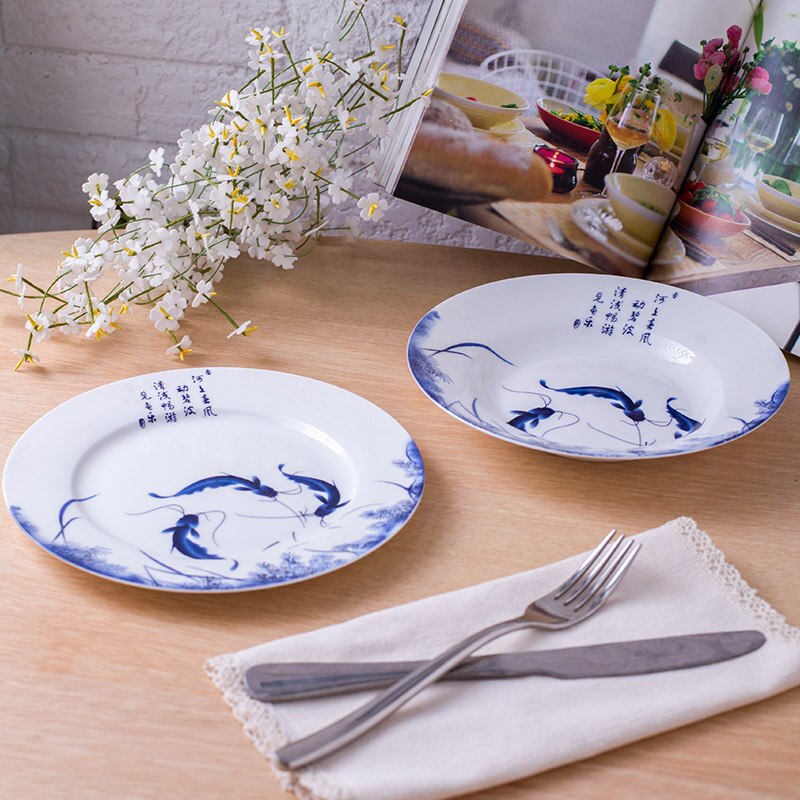8/10inch Jingdezhen Plate Ceramic Bone china Dinner Plates Fish Pattern Decoration Dish Round Fruit Saucer Tableware Dinnerware