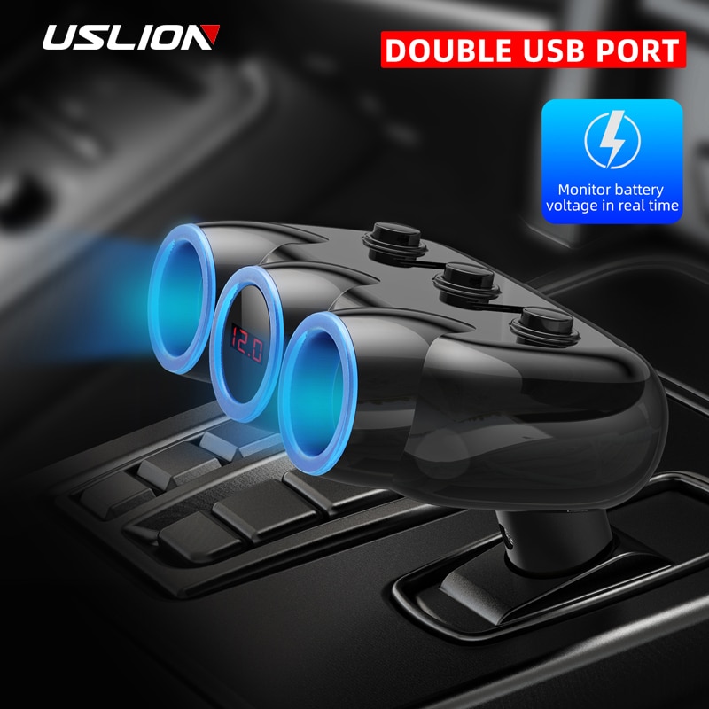 USLION 3 in 1 Dual USB Auto USB Car Charge Splitter Plug LED USB Charger Adapter 3.1A For iPhone 11 Pro Max Xiaomi Huawei