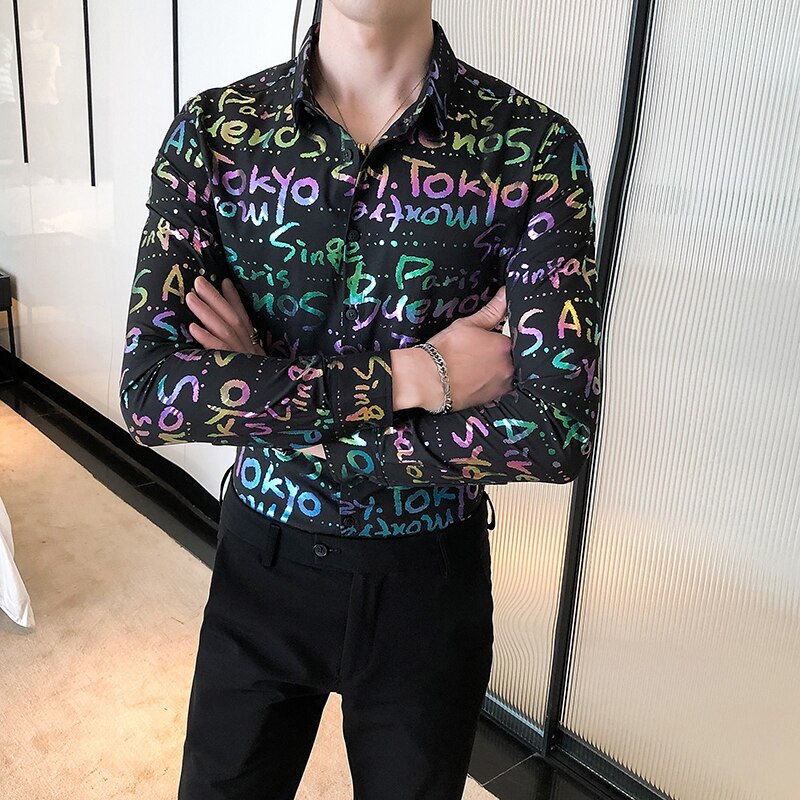 Färgglad tryckskjorta män höst vinter långärmade smokingskjortor casual slim fit streetwear herrkläder 3xl