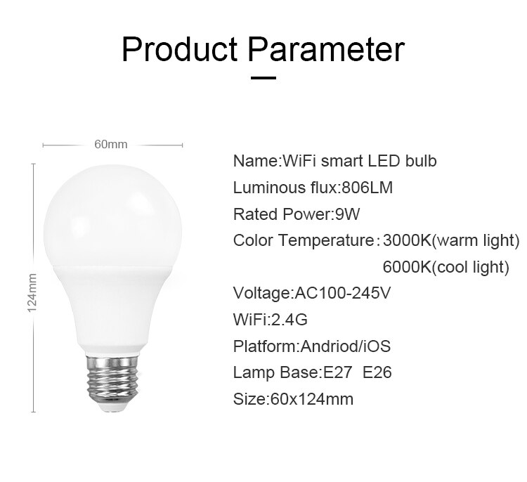 Smart WiFi Light Led Bulb E27/E26 Dimmable Lamp 9W App Vioce Control Work With Alexa Google Assistant LED Bulbs For Home