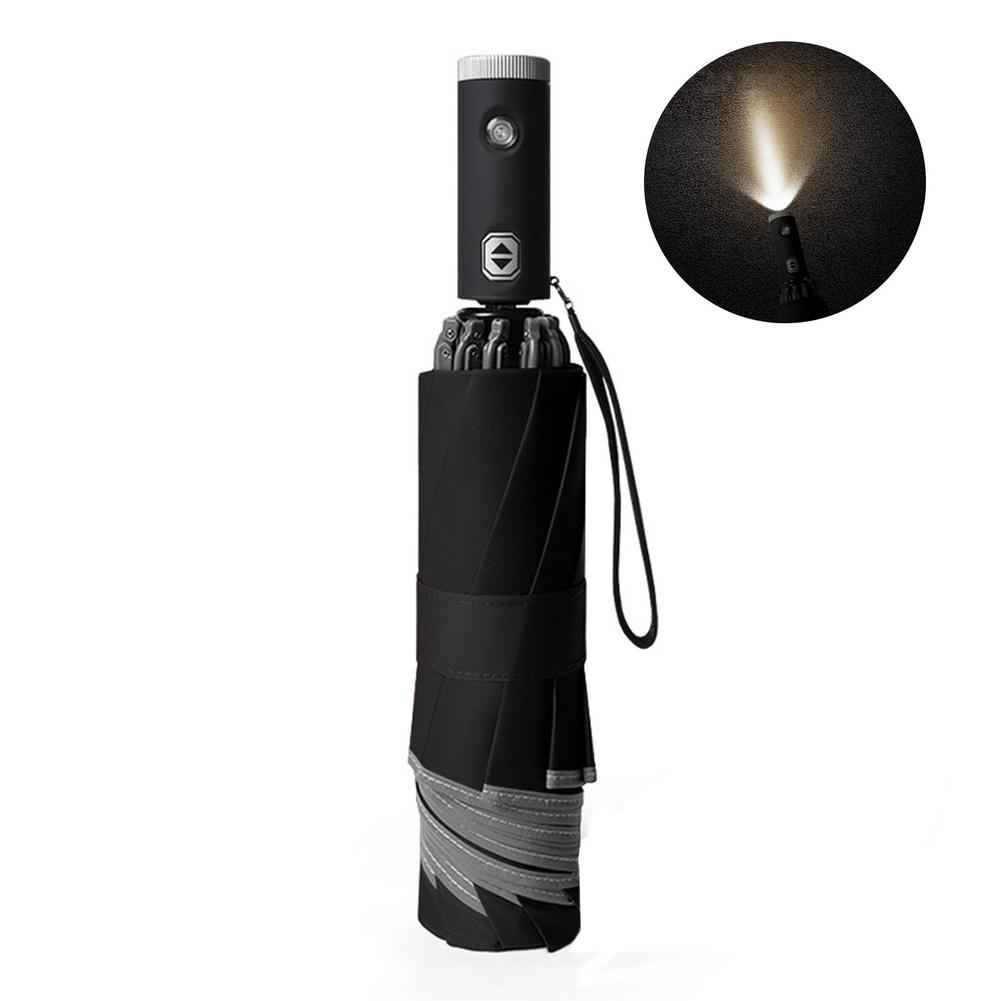 Automatic Reverse Folding Umbrella LED Reflective Strip Automatic Umbrella Flashlight Three-fold Windproof Car Business Umbrella: Black