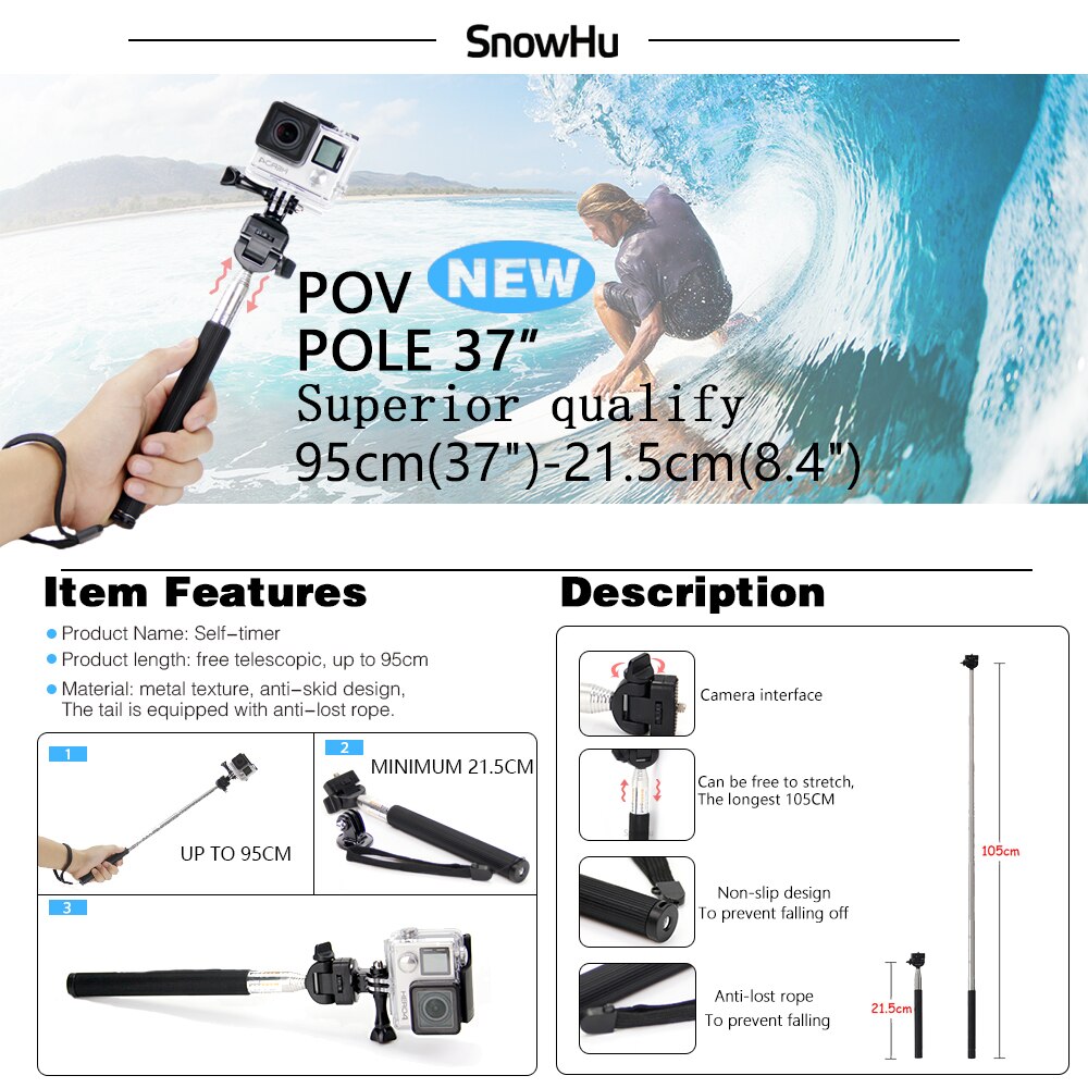 Snowhu för gopro tillbehör set för gopro hero 7 6 5 vattentätt fodral skydd ram monopod för go pro hero 7 6 5 gs73