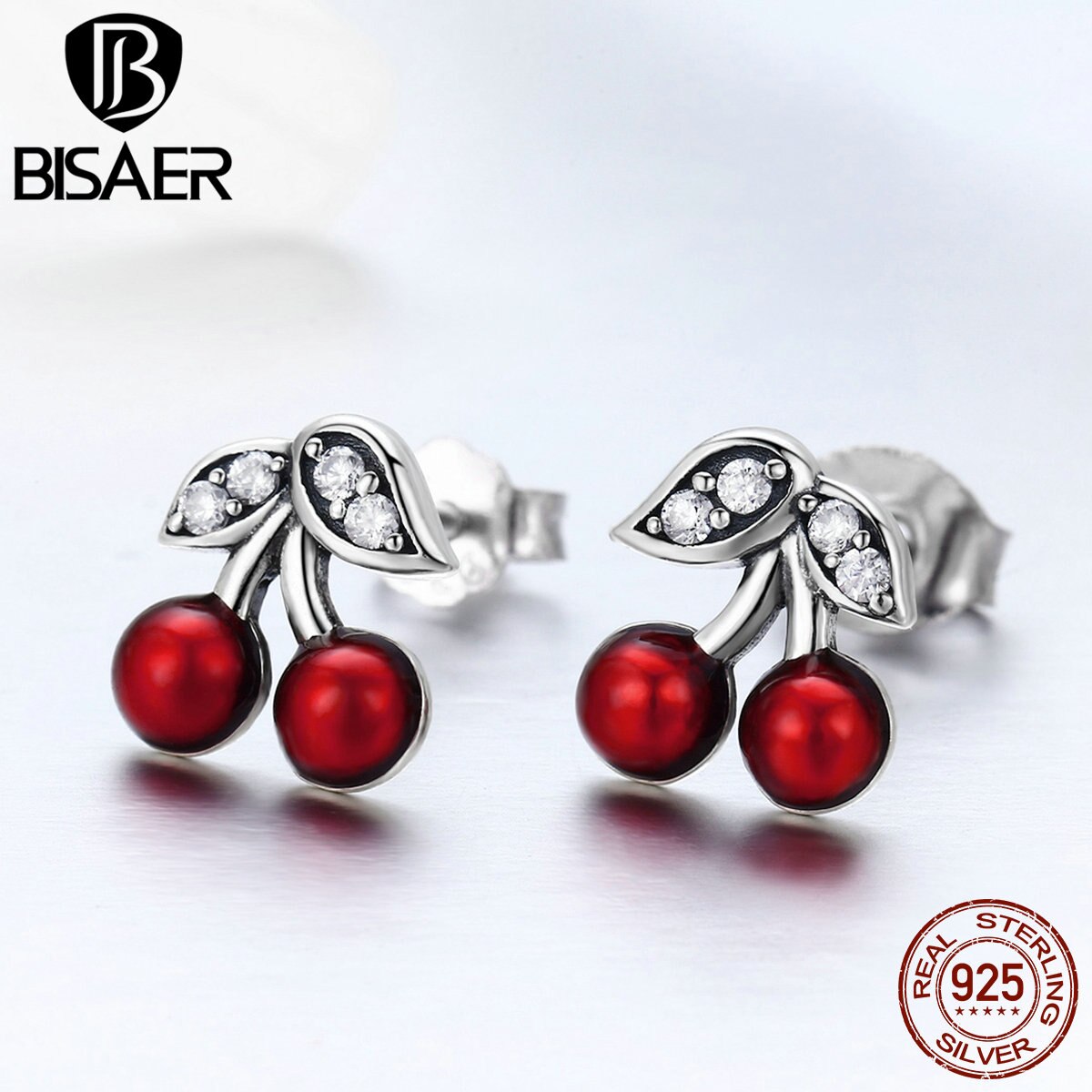 100% Bijoux 925 Sterling Silber Süße Rote Kirsche Obst Emaille Stud Ohrringe für Frauen Ohrringe Schmuck Brincos ECE404