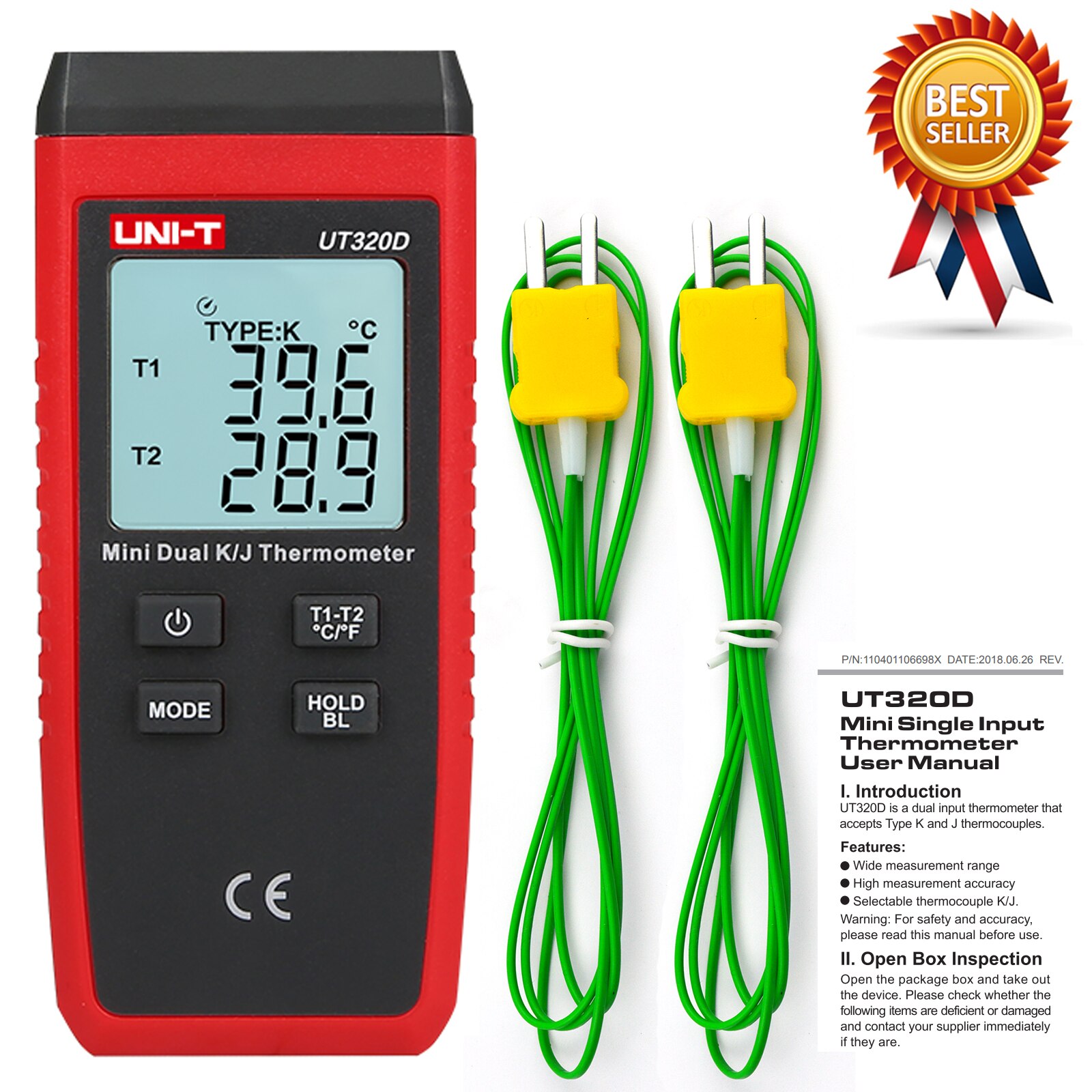UNI-T UT320D Mini Contact Type Digitale Thermometer Dual Channel K/J Temperatuur Meter Lcd Backlight Data Hold Thermostaat