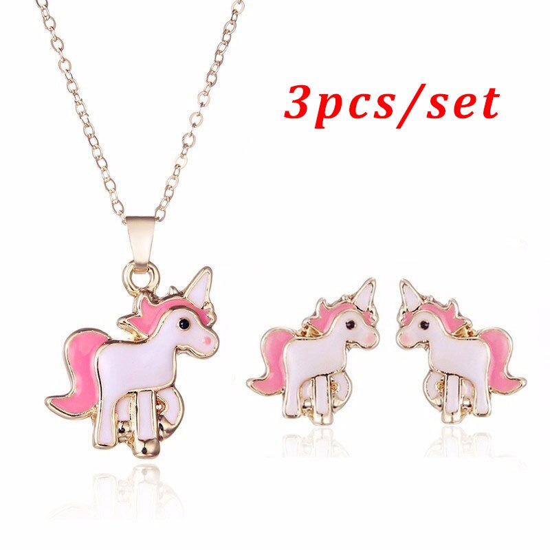 4 stks/set Paarse Ketting Oorbellen Cartoon Eenhoorn Ketting Oorbel Sieraden Meisjes Sieraden Oorbel en Ketting Set: 4