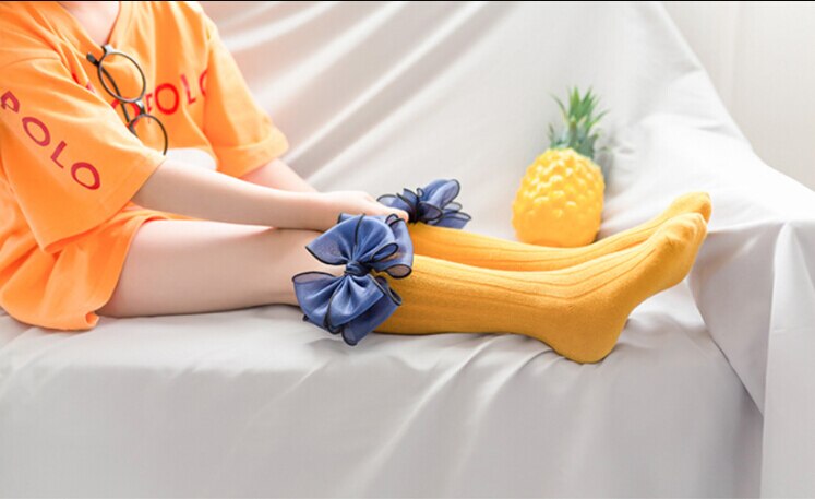 Babymeisjeskousen met strikje, prinsessenkatoenen warme kousen met linten in meerdere kleuren