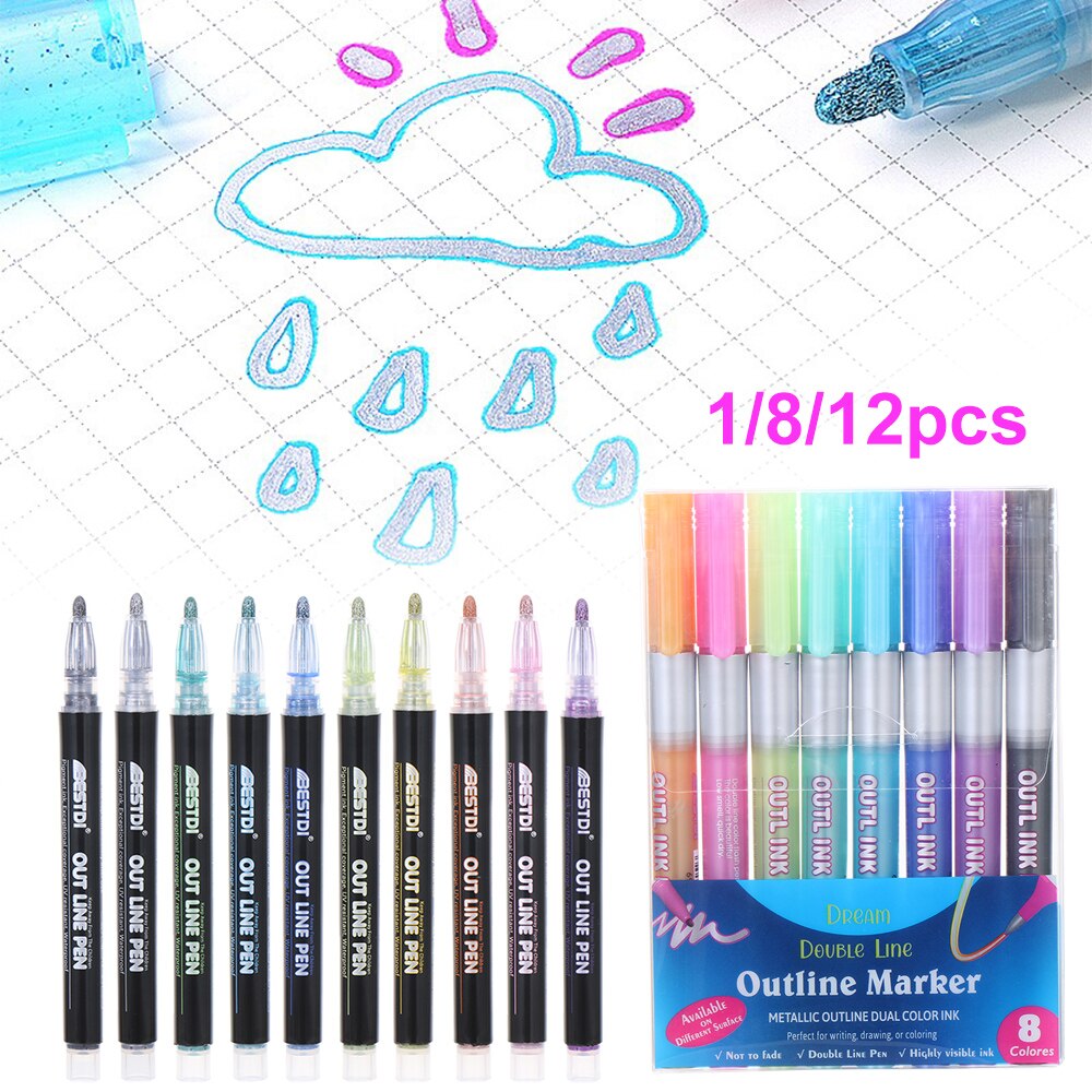 Metallic Double Lines Graffiti Markers Pen Contour Pen Highlighter Pen Stationery for Kids Painting Doodling School Art Supplies