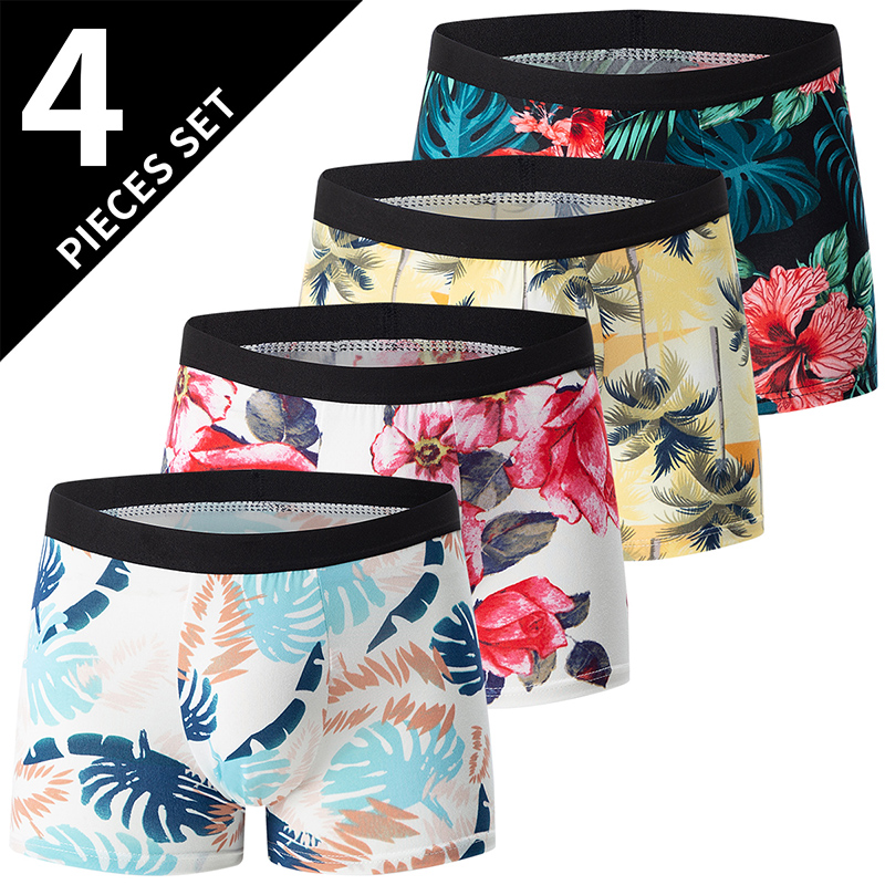 4 peças tamanho europeu e americano moda masculina impresso boxer roupa interior confortável troncos de natação shorts de grandes dimensões: M / Cinza escuro