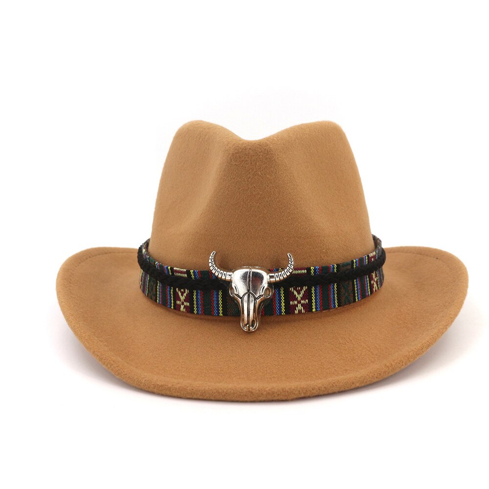 Sombrero de vaquero occidental para hombre y mujer, gorro de ala ancha con banda para la cabeza de vaca, estilo Pop Jazz, de lana, de invierno, tamaño 56-58CM: Tan