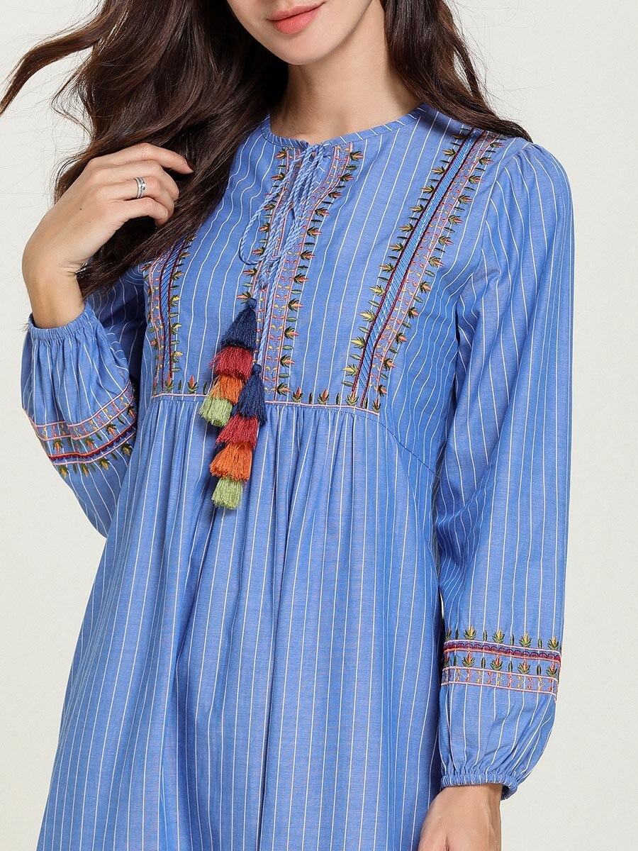Abaya Turkish Kaftan Gown Simple Autumn Blue Striped Embroidered Casual Arabian Musulmane Femme Dress
