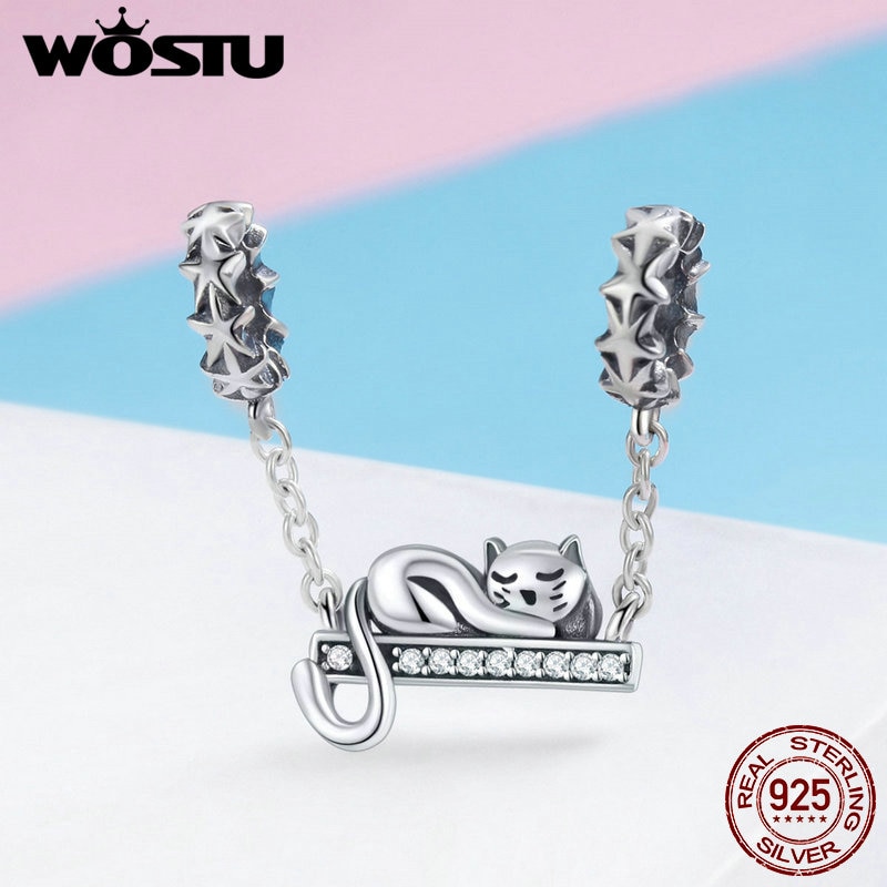 Wostu 925 Sterling Zilver Leuke Kat Liggen Swing Huisdier Charmes Fit Armband Hanger Kraal Vrouwen Mode-sieraden FIC856